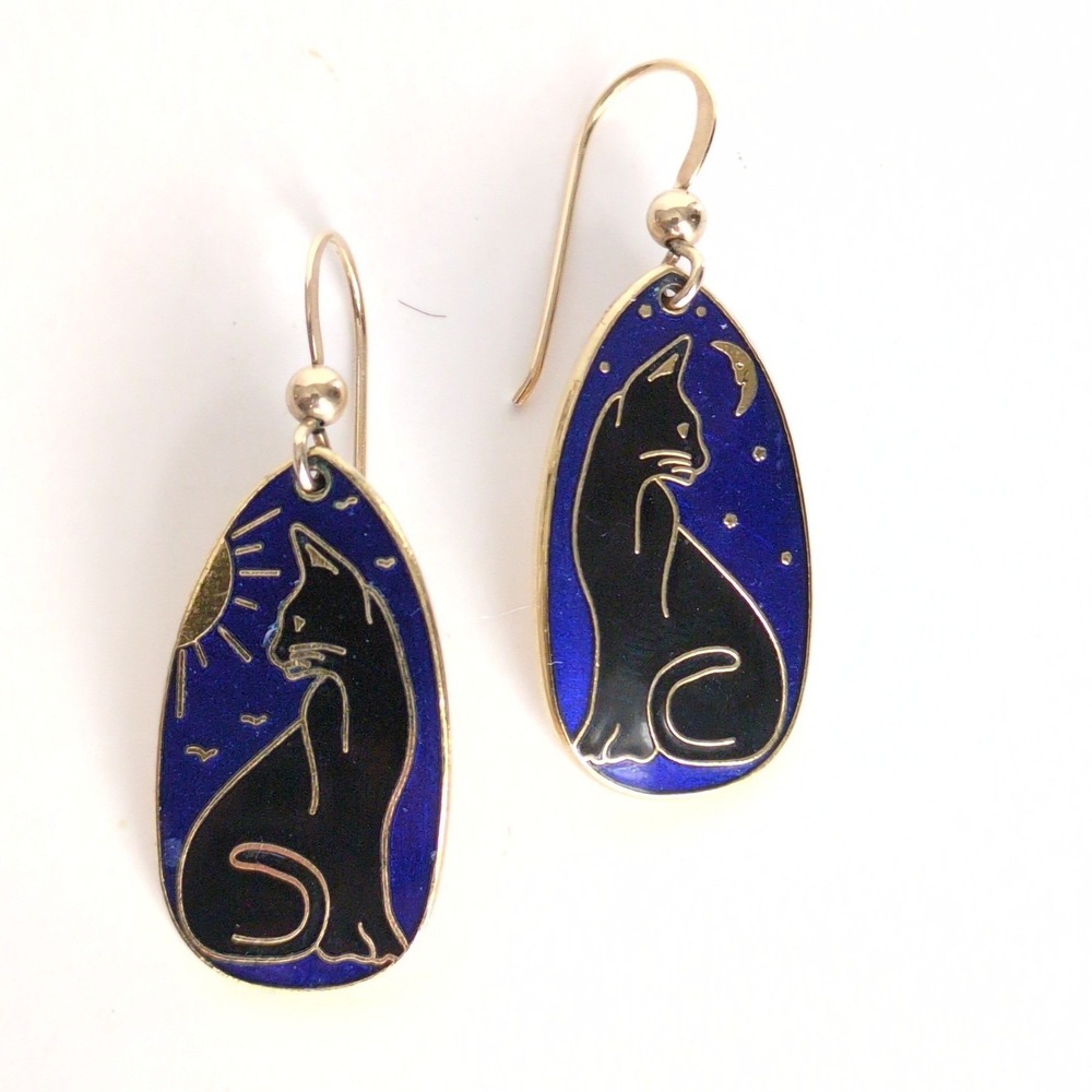 Vtg Discovery Cat Sun Moon Earrings Blue Celestial Black Cat Enamel Gold Tone